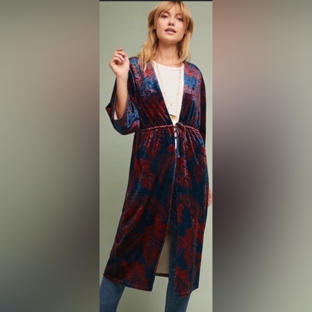 Rya by Anthropologie Velvet Navy Burgundy Maroon Palm Motif Robe Duster OS Large